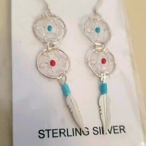 Sterling Silver Dreamcatcher Earrings Native American Feathers Jewelry Boho New